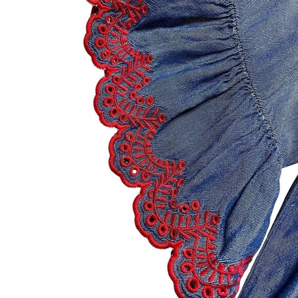 RUBY RD Blue Blouse with Red Embroidered Sleeves Size Small Petite - Picture 3 of 4